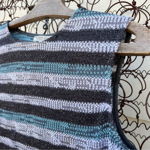 ST. JOHN SPORT BY MARIE GRAY sleeveless blouse tank top blue black silver stripe - Picture 2 of 10